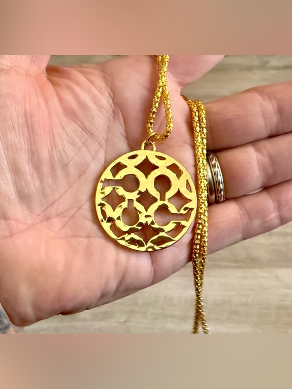 Coach Large Hammered Optic C Medallion Pendant 18k/.925 Necklace